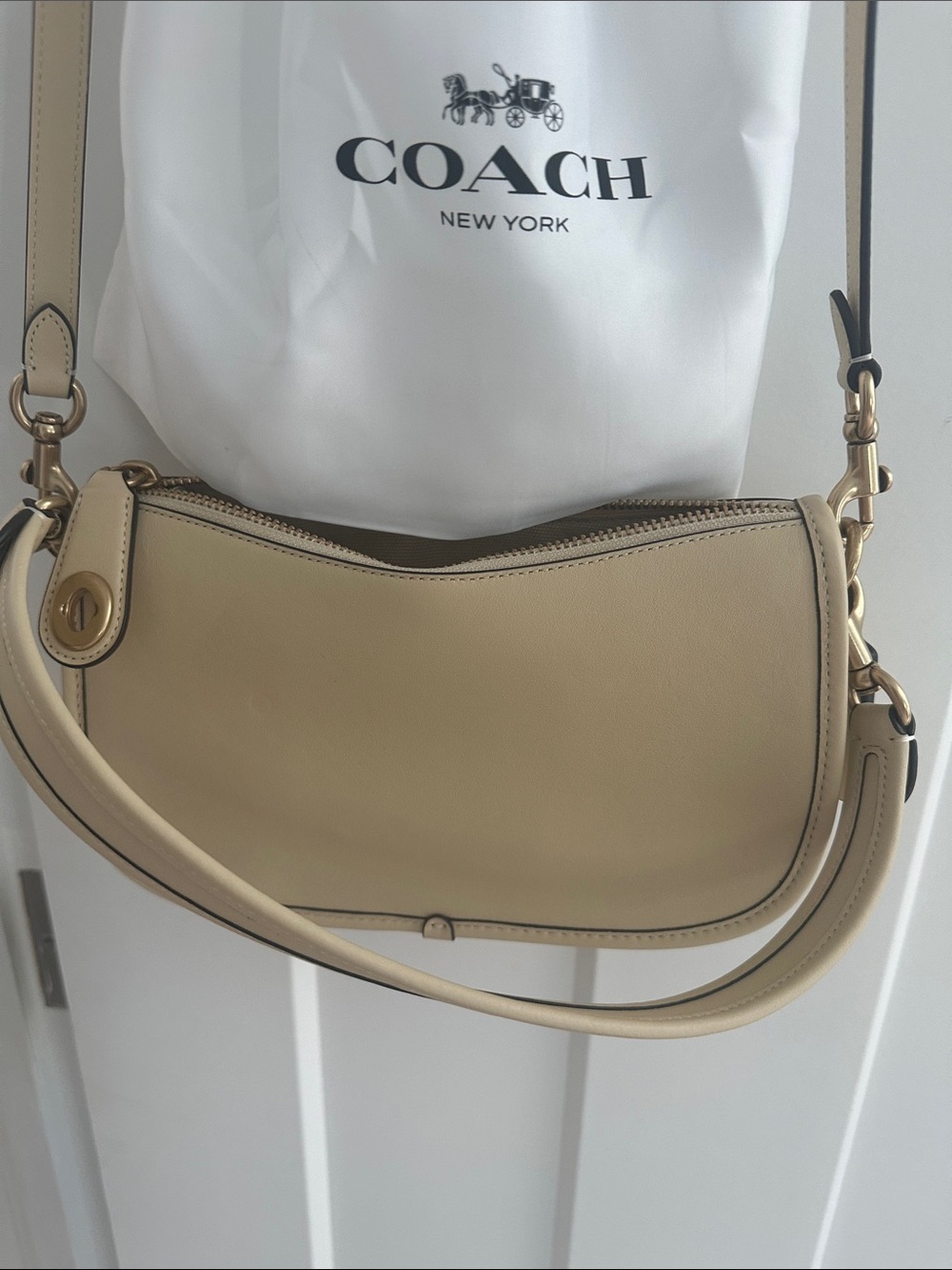 COACH Cream Leather Crescent Crossbody Bag with Gold Hardware
